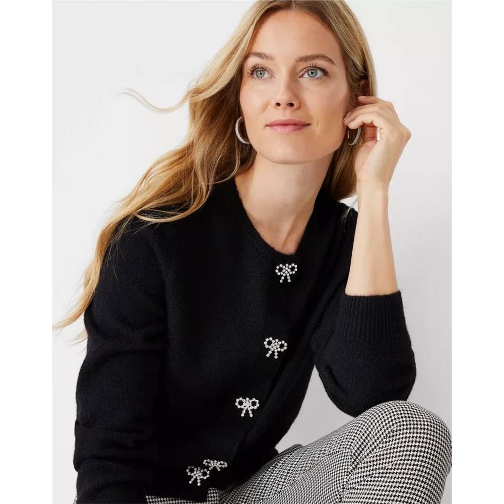 Ann Taylor XL Black Cardigan Sweater Rhinestone Bow Snaps Scoop Neck EUC